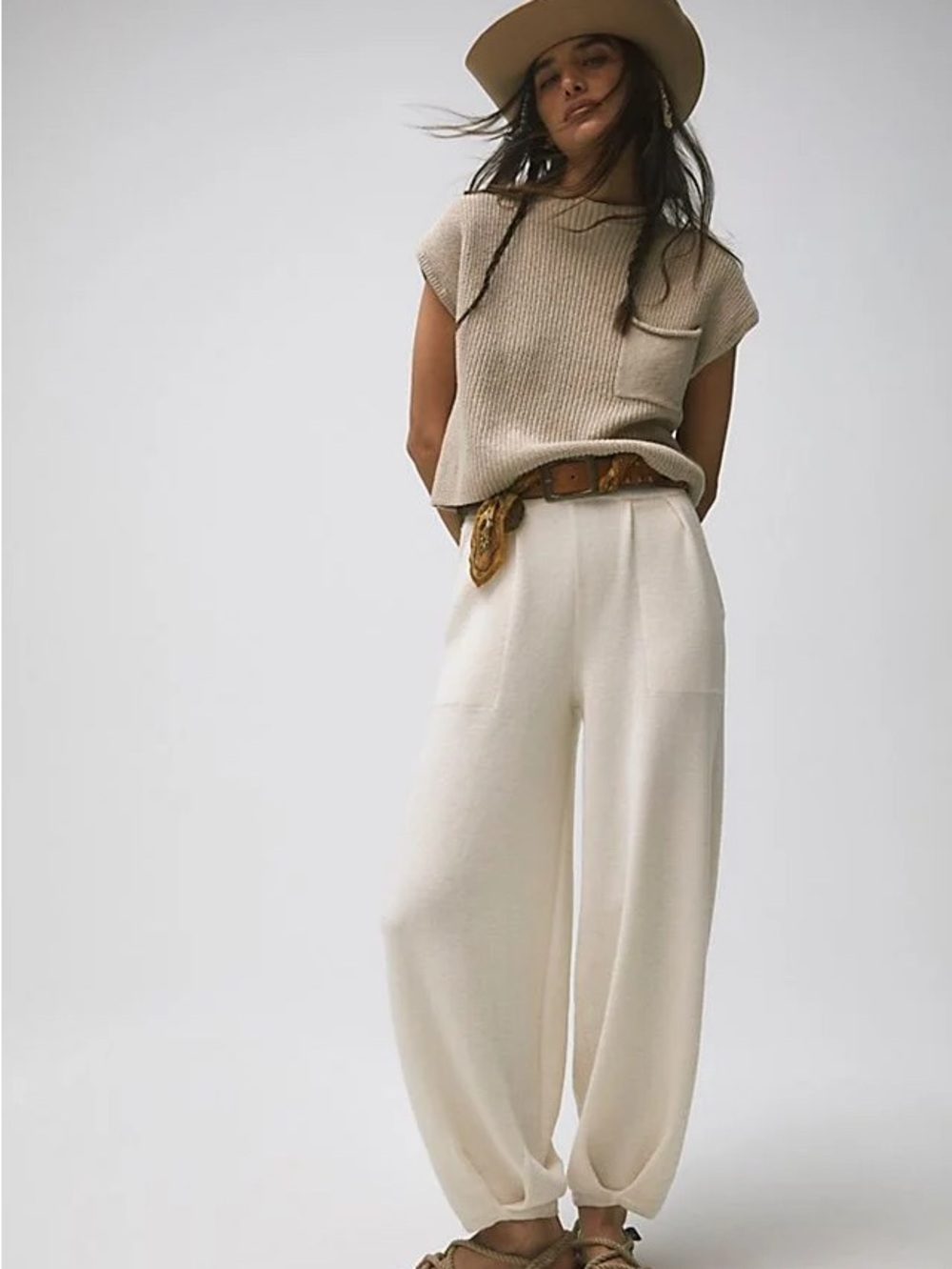 Free People Cream Wide-Leg Knit Pants